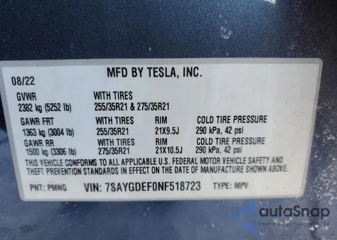 2022 Tesla Model Y z USA, uszkodzony, nr VIN 7SAYGDEF0NF518723